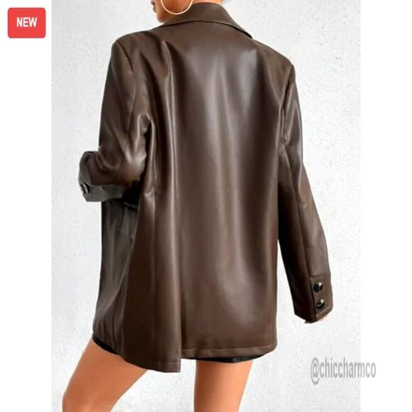 Faux Leather Blazer Jacket Moto Biker Coat Long Sleeves Button Slim Fit - Picture 3 of 6